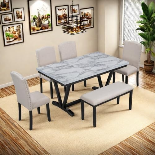 LUMISOL 6 Piece Dinette Set Large Dining Table Set with Bench Include Faux Ma...