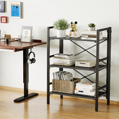 Homeiju Folding Bookshelf No Assembly, 3 Tier Bookcase Foldable Shelf with X-...