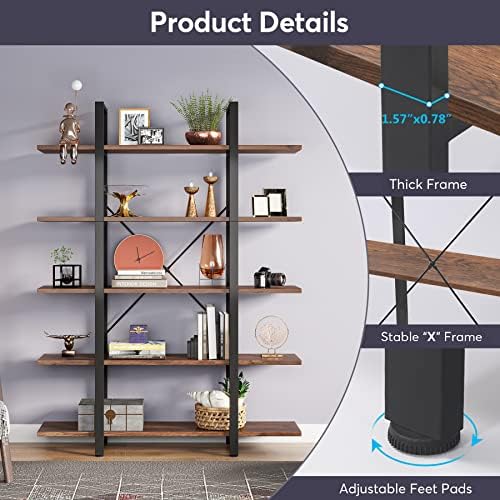 Tribesigns 5-Tier Bookshelf, Vintage Industrial Style Bookcase 72 H x 12 W x ...