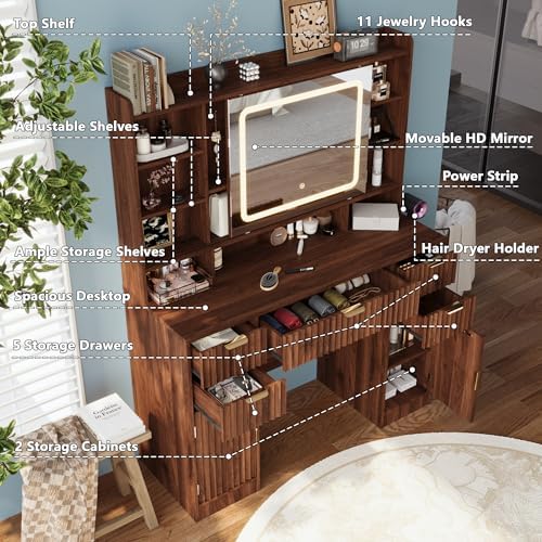 43.3" Fluted Vanity Desk with Mirror and Lights, Modern Makeup Vanity Ta...
