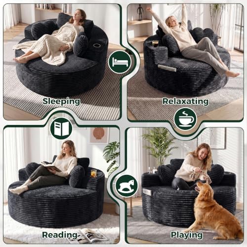 56''Oversized Round Chair Lounge Chaise Indoor with Cup Holders &...
