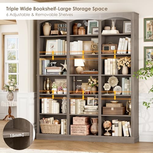 FACBOTALL 71" Triple Wide Bookshelf, 6 Tier Bookshelf, Large Arch Bookcase