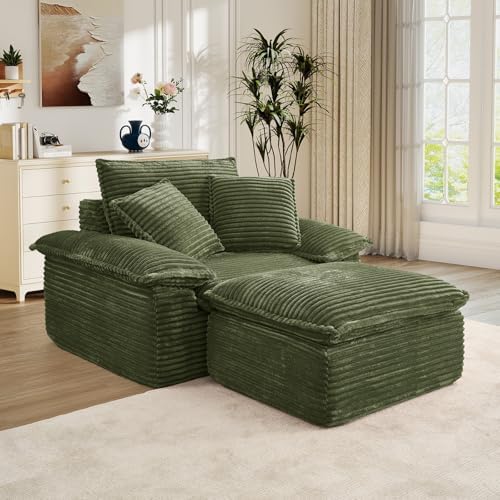 Oversized Chaise Lounge Chair Indoor with Ottoman, Upholstered Corduroy Moder...