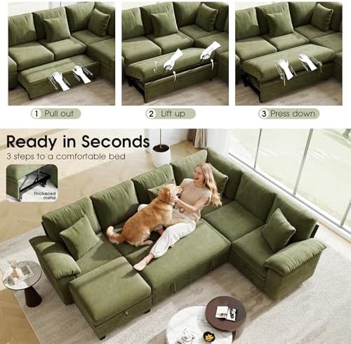 107.8" Modular Sectional Sleeper Sofa with Pull Out Bed, U Shaped 7 Seat...