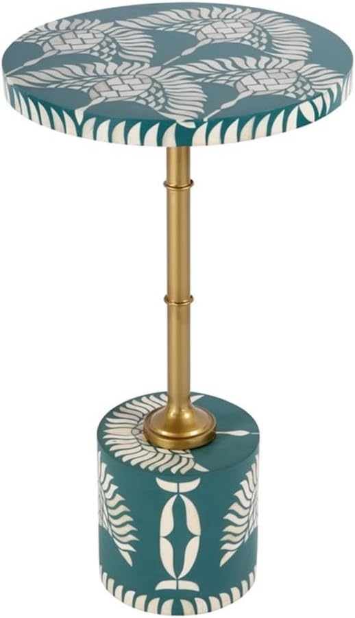 Pemberly Row Set of 2 14" Round Bone Inlay Iron Side Tables in Teal/Gold