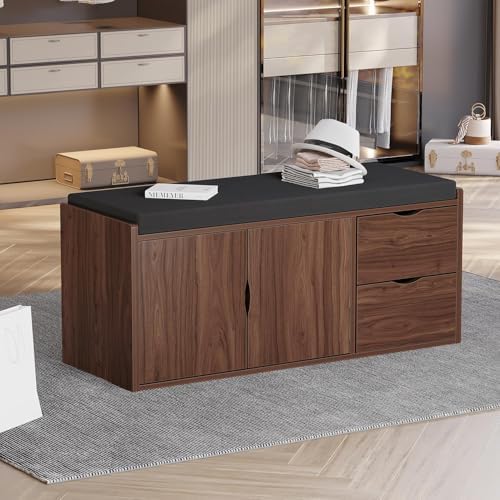 LVB 40” Entryway Bench with Padded Seat Cushion Shoe Bench with 2 Drawers | W...