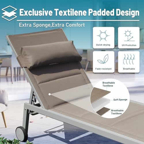 Domi Patio Chaise Lounge Set of 3, Pool Lounge Chairs with Table,Khaki