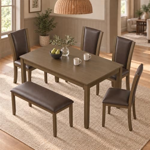 6-Piece Dining Table Set with Bench & 4 Chairs, Solid Wood, Dark Walnut