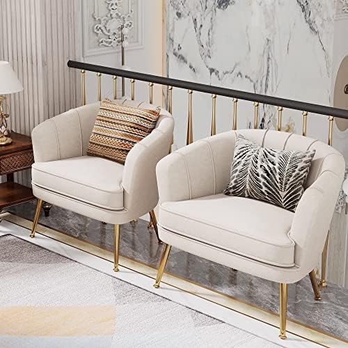 Andeworld Velvet Accent Chair, Barrel Armchair, Beige