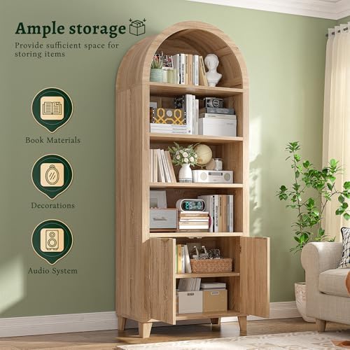 DurayLoly Arched Cabinet, 6-Tier Storage Shelves, Light Oak