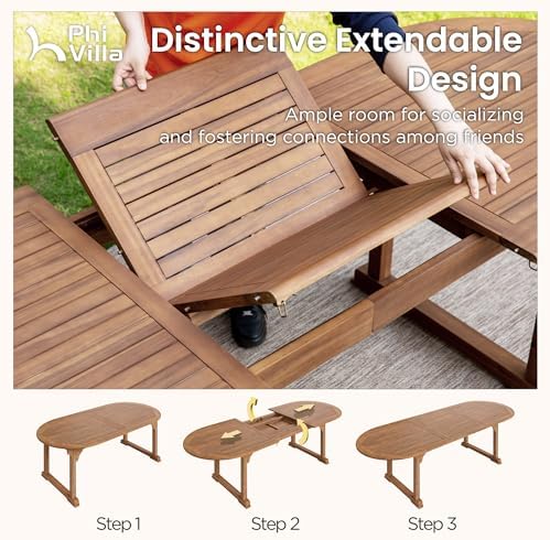 PHI VILLA Outdoor Dining Set for 6, Expandable Acacia Wood Table & Chairs