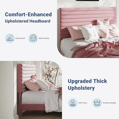 Allewie Full Bed Frame, Velvet Upholstered Bed with Adjustable Headboard