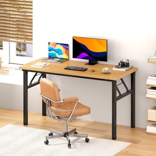 DlandHome 47 Inch Folding Computer Desk, Fully Assembled, Teak Black