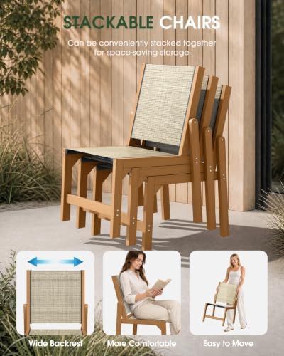 HDPE Outdoor Dining Set, Patio Table and 6 Stackable Armless Chairs, Teak
