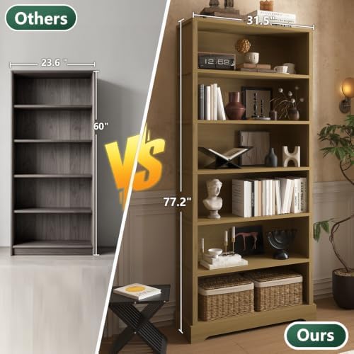 TVU 6 Tiers Wooden Bookshelf, 77.2" Tall Farmhouse Style Open Bookcase, ...