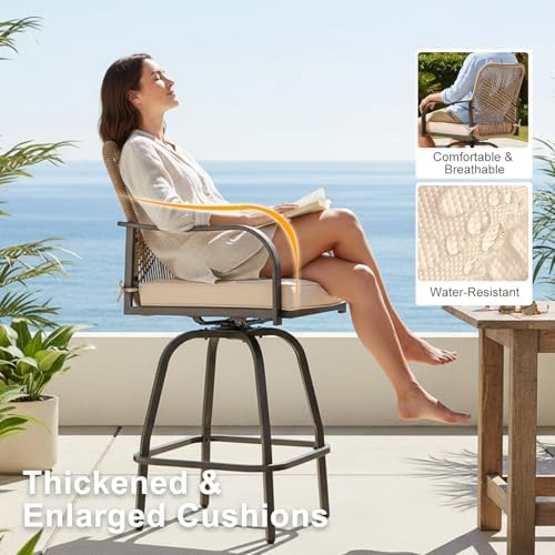Outdoor Wicker Bar Stools Set of 4 Patio Swivel Chair Khaki
