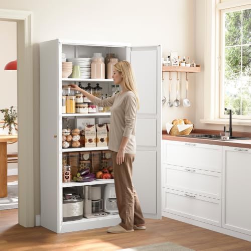Yizosh Metal Storage Cabinet - 71" White Kitchen Pantry with 2 Doors and...