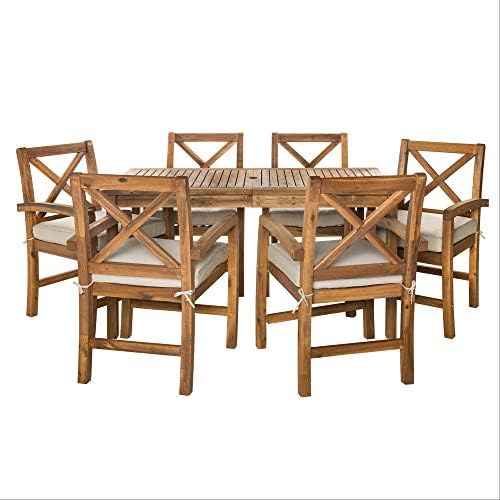 Walker Edison Delray Classic 7 Piece Acacia Wood Outdoor Dining Set with X Ba...