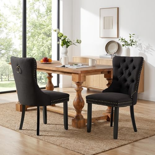 SoarFlash Linen Fabric Dining Chair Set of 6, Upholstered Tufted Dining Room ...
