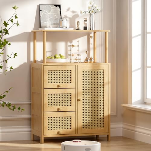 Amazer Sideboard Buffet Cabinet with Storage, Bamboo Storage Cabinets, Rattan...