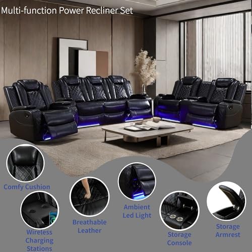 Power Recliner Set with LED Lights, Air Leather Reclining Set with USB Port/W...