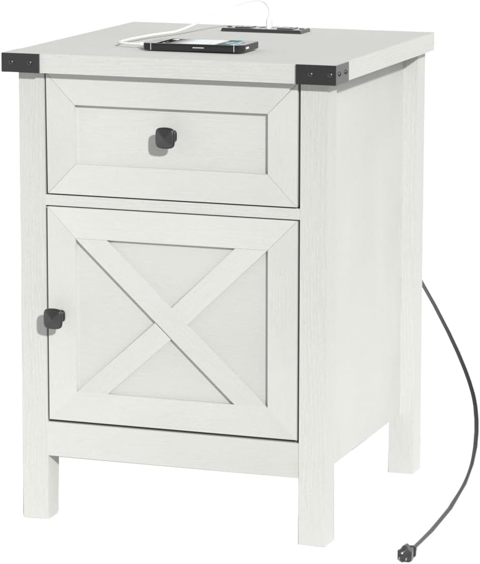 Farmhouse Nightstand with Charging Station, White Side Table, Rustic End Tabl...