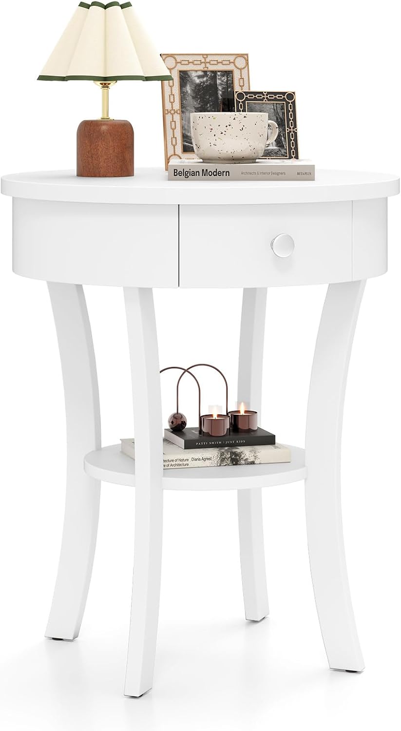 GOFLAME Round End Table with Drawer, 2-Tier Sofa Side Table with Solid Wood L...