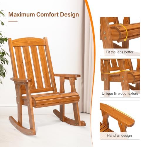 VINGLI Heavy Duty 600 LBS Outdoor Wooden Rocking Chair with Higher Backrest,P...