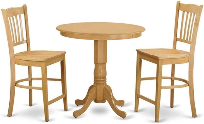 East West Furniture JAGR3-OAK-W 3 Piece Kitchen Counter Height Dining Table Set Contains a Round Wooden Table with Pedestal and 2 Dining Chairs, 36x36 Inch, Oak