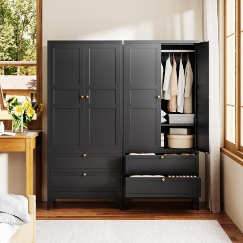 Letaya Metal Armoire Wardrobe Closet with Drawers,Clothing Storage Cabinet wi...