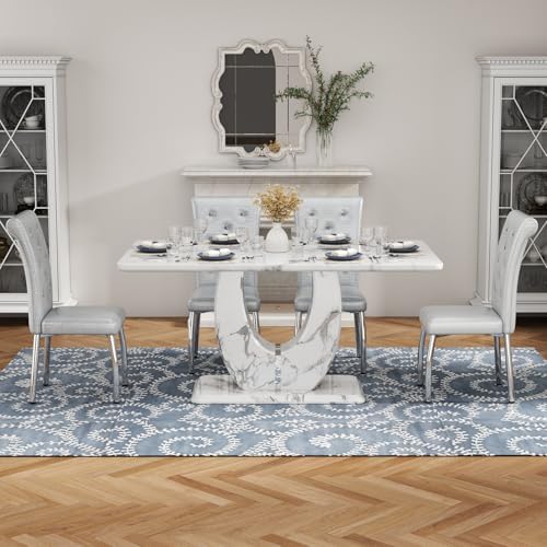 Modern Faux Marble Dining Table Set for 4, 63" White Rectangular Kitchen...