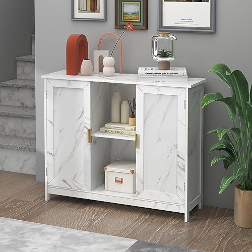 TaoHFE Marble Top Narrow Sideboard Cabinet,White Marble Side Buffet Cabinet