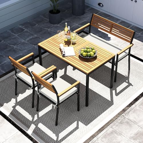 Tangkula 4 Piece Acacia Wood Outdoor Dining Set with 2 Stackable Armchairs