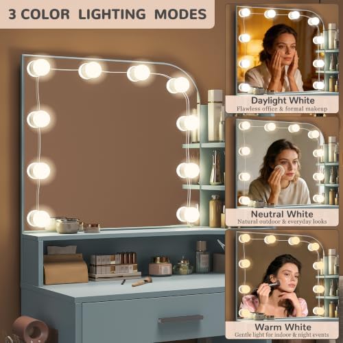 Small Vanity Desk with Mirror and Lights, 26.4" W Girls Vanity Set with ...