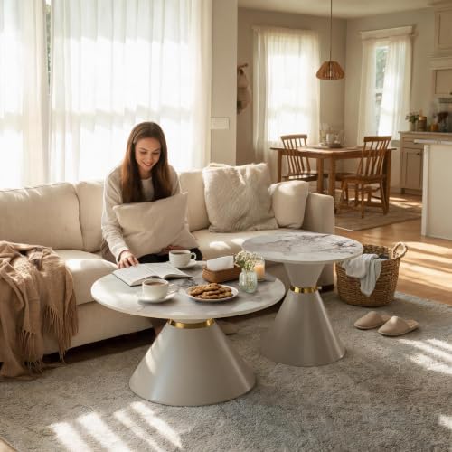 Set of 2 Nesting Coffee Table Round Faux Marble Top Coffee Tables with Base |...