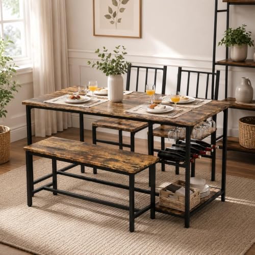 55-Inch Dining Table Set for 4 with Bench, Wine Rack, Rustic Brown