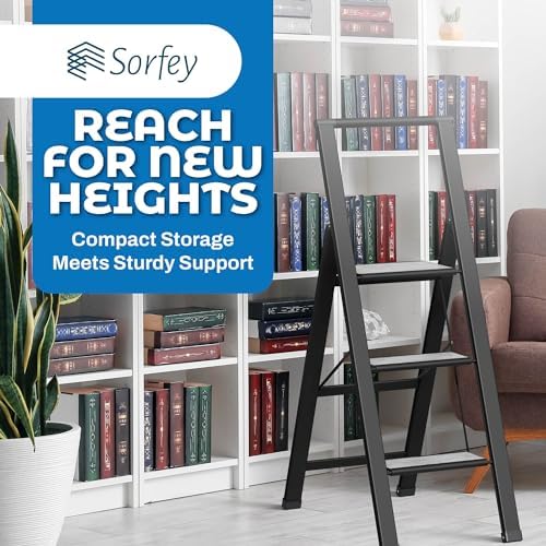 Step Ladder 3 Step Folding, Decorative - Beautiful Gray Wood & Black Alum...