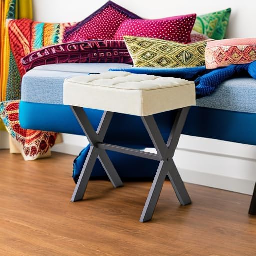 IBUYKE Square Makeup Stool with X-Leg, Linen Vanity Chair, Linen LG-70Y