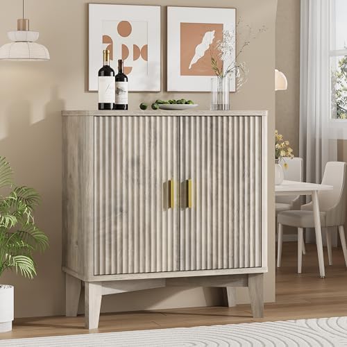 Xixini Fluted Sideboard Buffet Cabinet, 30" Wood Coffee Bar Cabinet, Grey