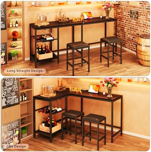 Bar Table and Chairs Set for 2-4, 3-Piece Convertible L-Shaped Dining Set wit...