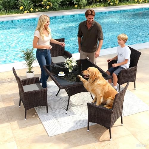 Gotland 5 Piece Outdoor Dining Set, All-Weather Rattan Patio Furniture Set wi...
