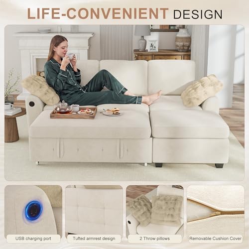 Hanherry 81" Sectional Couch with Pull Out Sofa Bed,Chenille Sleeper Sof...