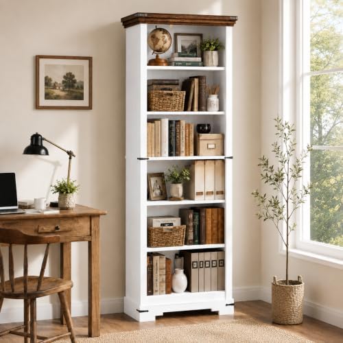 6-Tier Farmhouse Bookshelf, 73 inch Tall Bookcase with 2 Adjustable Shelves, ...