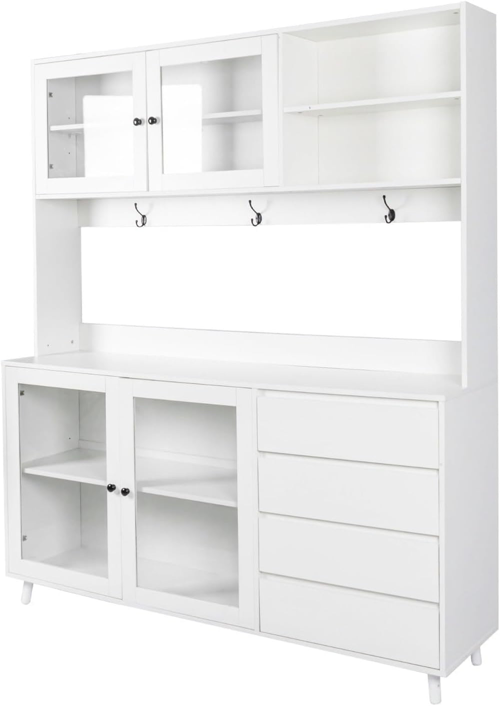 Modern White Kitchen Buffet and Hutch Storage Cabinet with Glass Doors, 4 Dra...