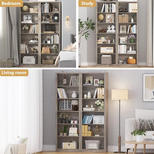 Thacuok Grey Bookshelf, 75" Tall Bookcase, 6 Tier Adjustable Storage She...