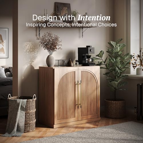 BELLEZE 3 Tier Bookshelf with Double-Arc Door, Modern Bookcase Shelf with Sto...