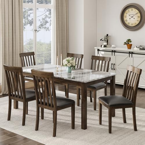 LUXOAK 7-Piece Wood Dining Table Set with Faux Marble Tabletop, Dark Brown