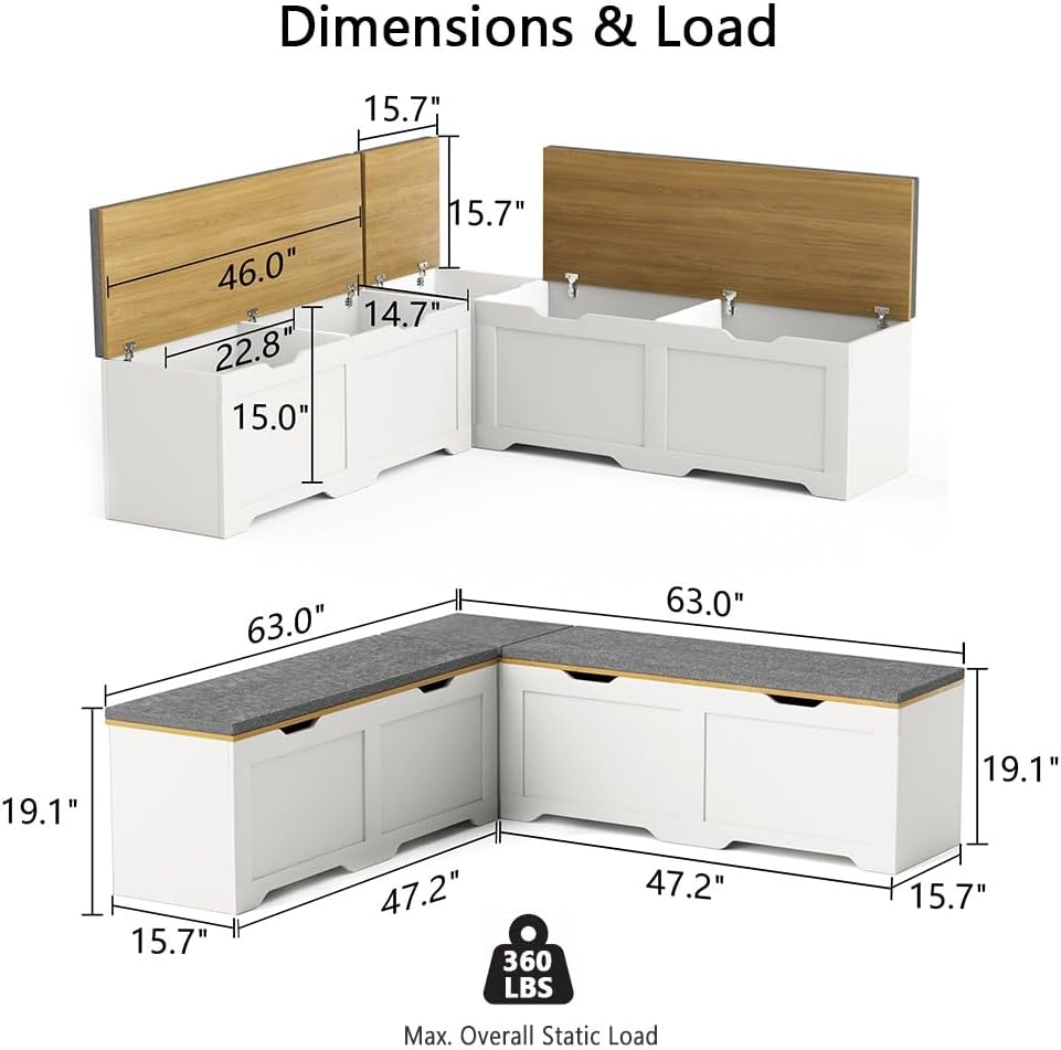63" Farmhouse L-Shaped Bench with Cushion, Breakfast Nook Benches with H...