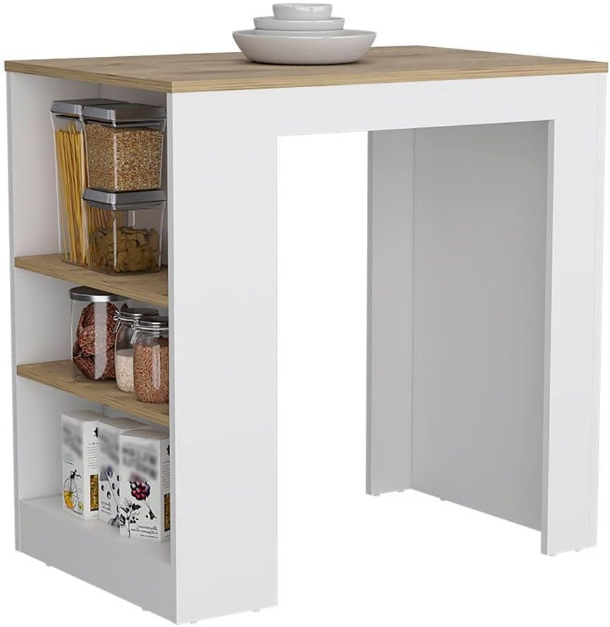 FM FURNITURE White Kitchen Island Counter Height Table Top with 3-Side Shelf,...