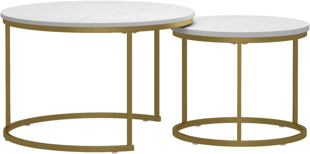 Nesting Coffee Table Set of 2, Round Tables with Marble Pattern MDF Top | Spa...